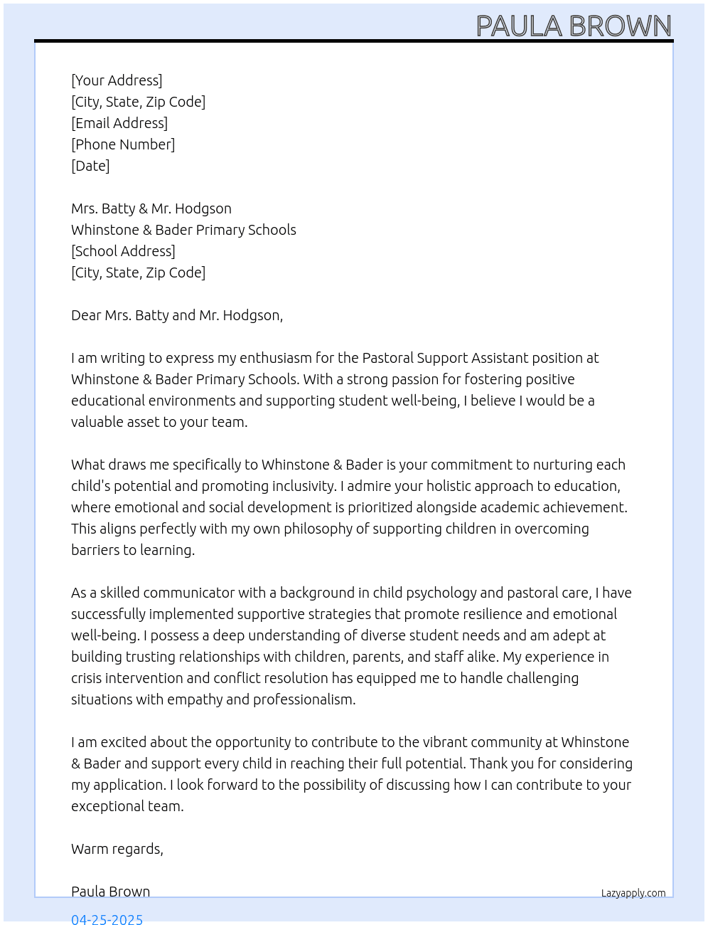 Cover letter for pastoral support assistant - LazyApply