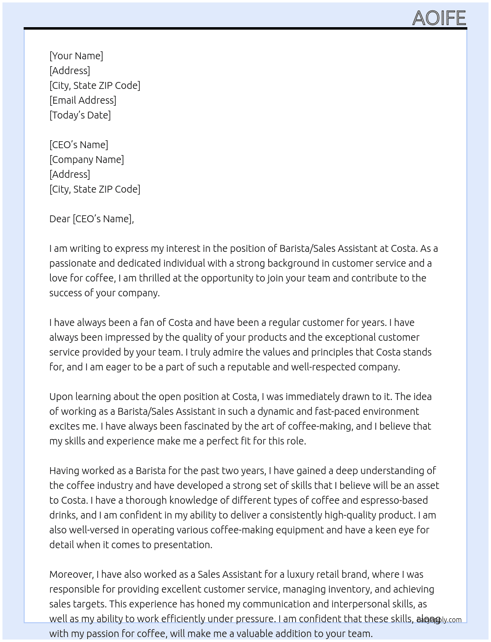 Barista/Sales Assistant At Costa Cover Letter