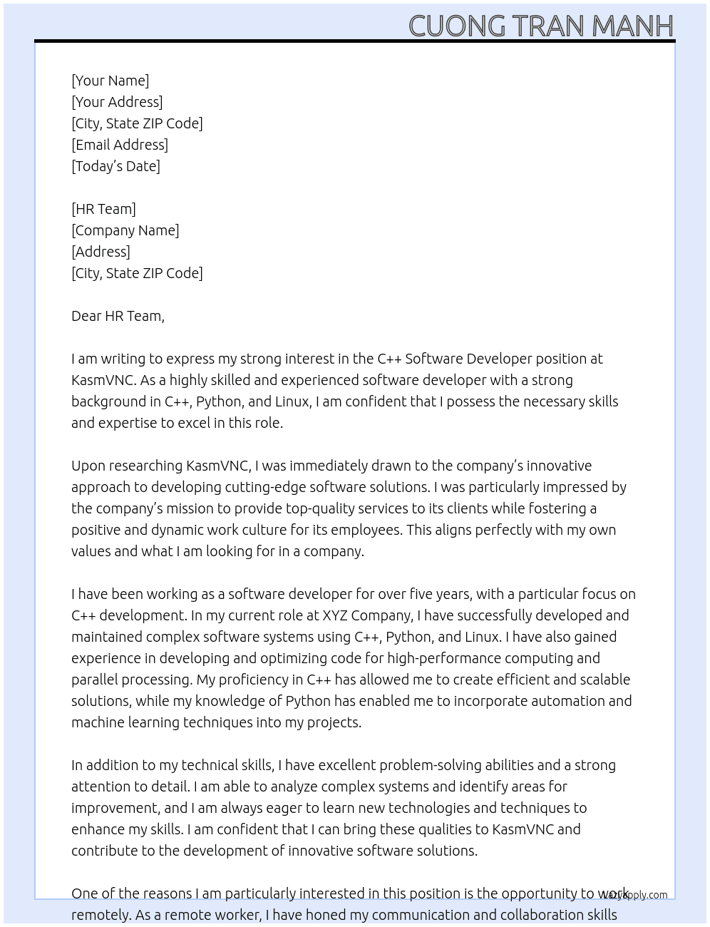 C++ Software developer At KasmVNC Cover Letter
