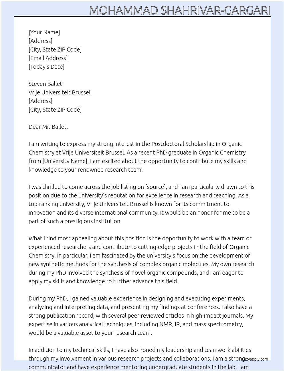 Postdoctoral scholarship Organic Chemistry At Vrije Universiteit Brussel Cover Letter