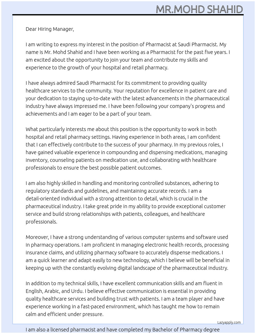 Hospital pharmacy and Retail pharmacy  At Saudi pharmacist Cover Letter