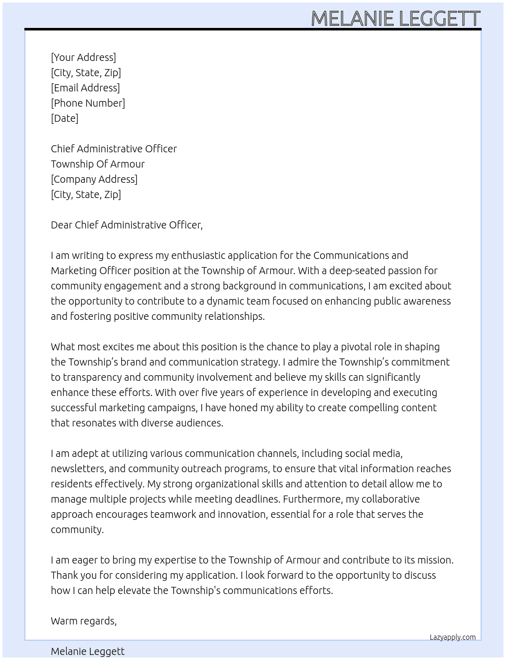 Communications and Marketing Officer At Township Of Armour Cover Letter