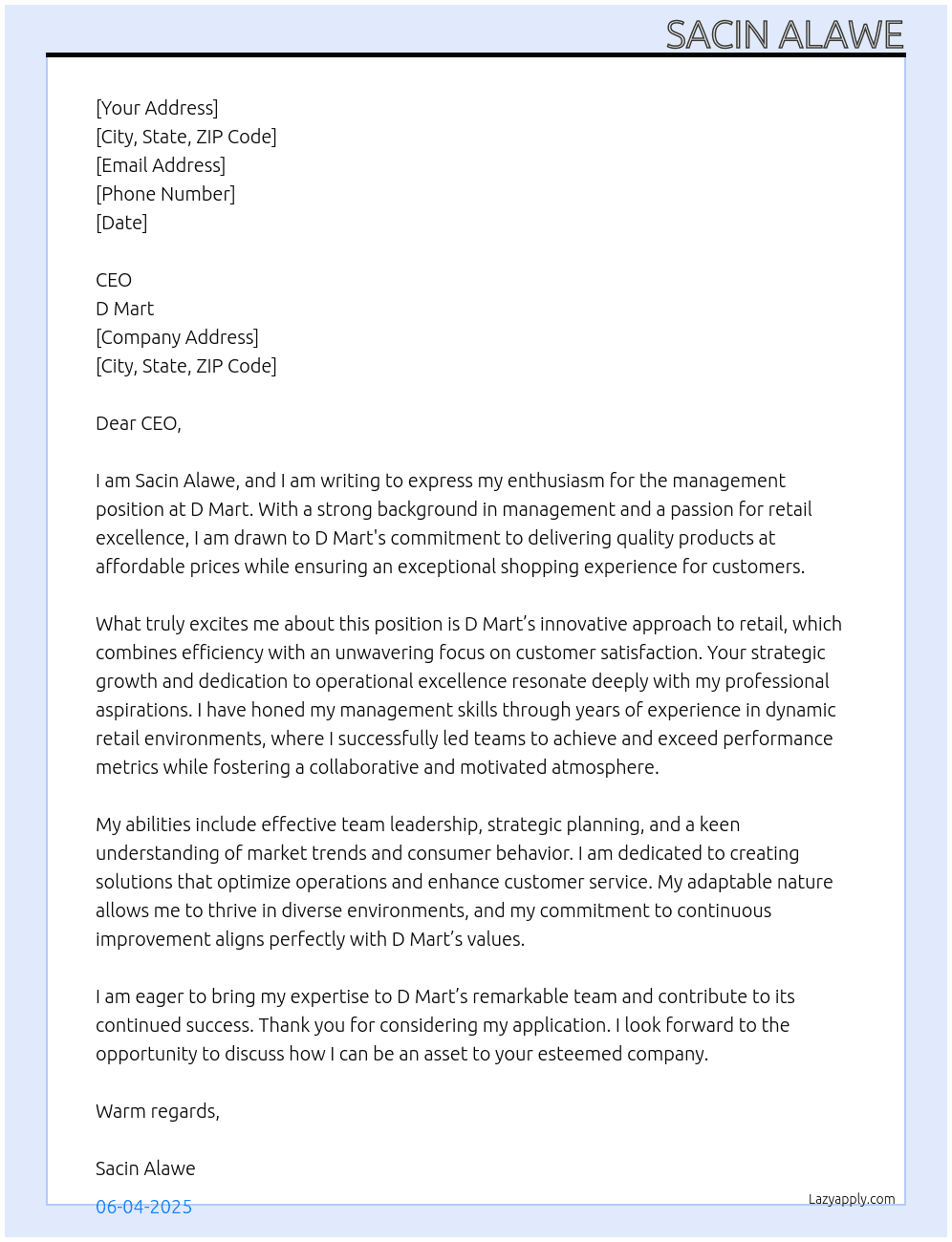 D mart  At D mart  Cover Letter