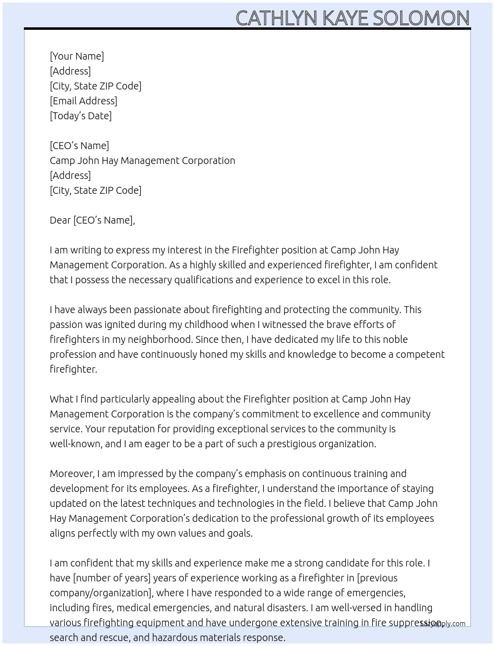 Firefighter At Camp John Hay Management Corporation Cover Letter