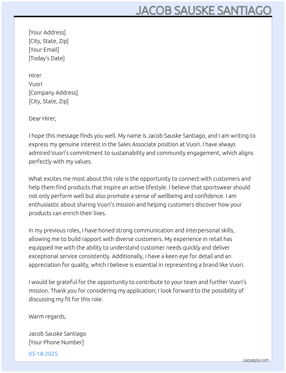 sales associate  At vuori Cover Letter