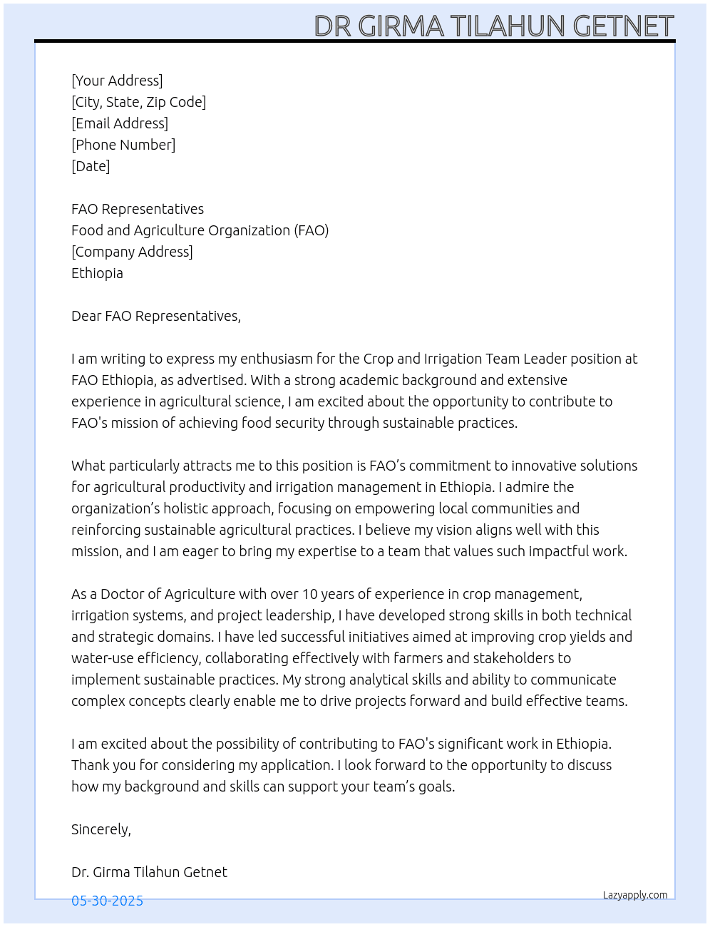 Crop and irrigation team leader At FAO Cover Letter