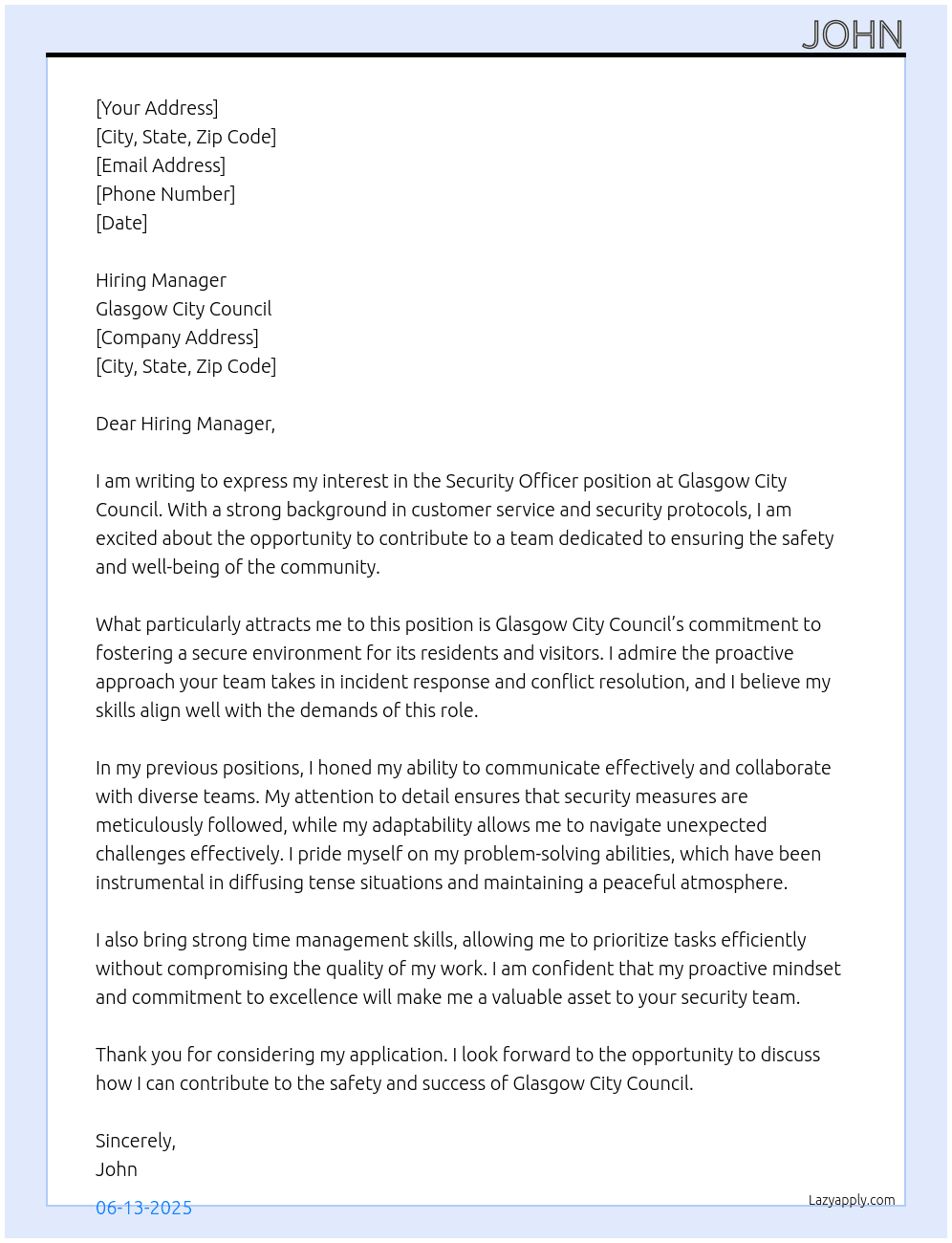 Security Officer  At Glasgow City Council  Cover Letter