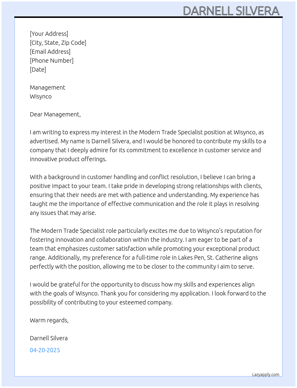 Modern trade specialist  At Wisynco  Cover Letter
