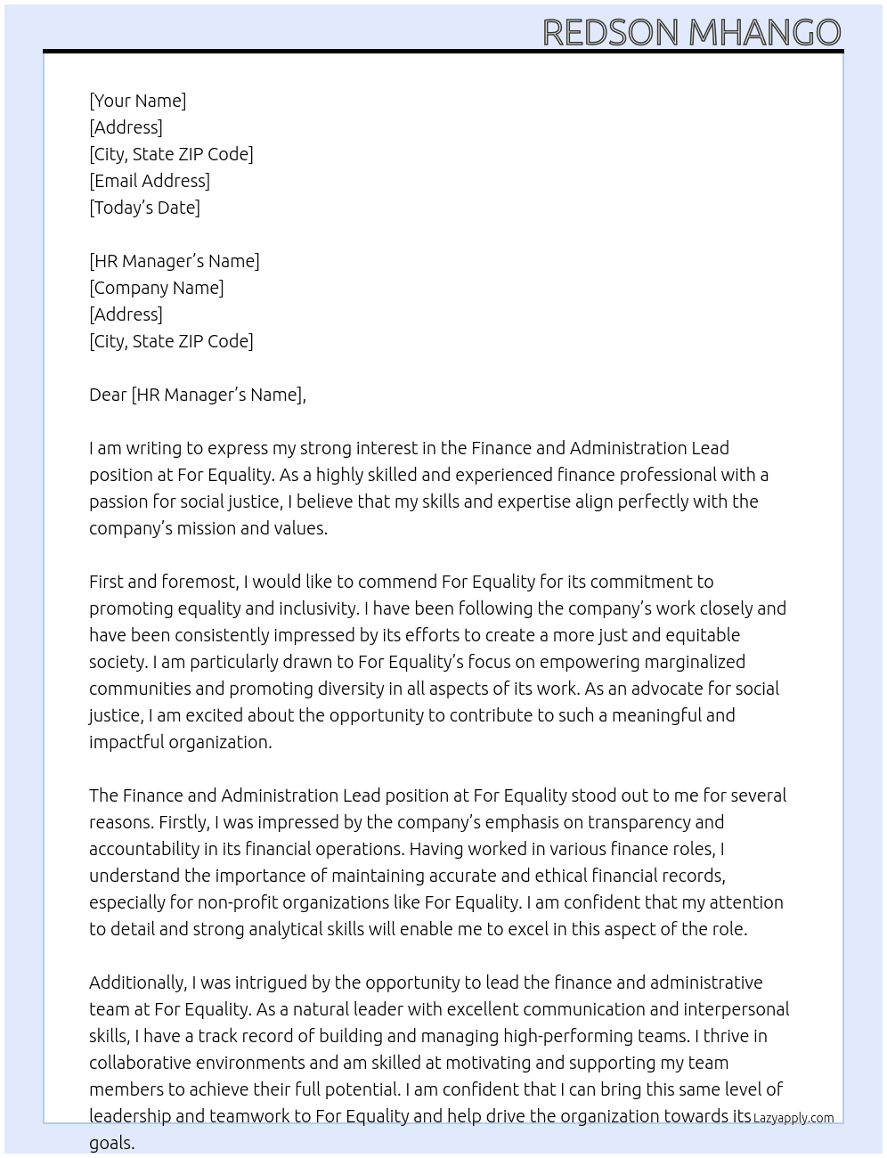 Finance and Administration Lead At For Equality Cover Letter
