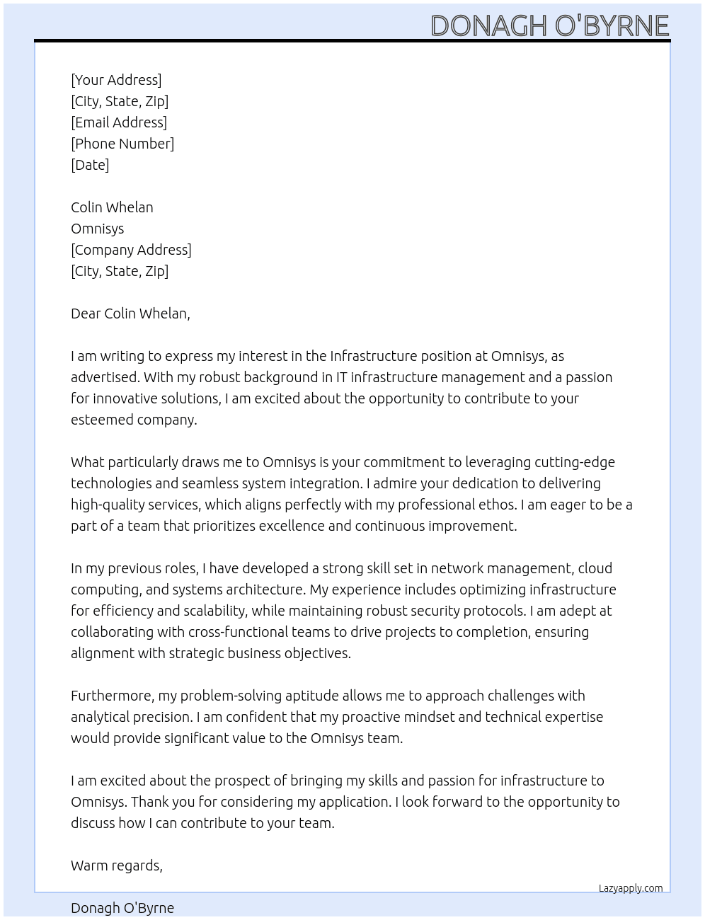 infrastructure  At https://www.omnisys.ie/ Cover Letter