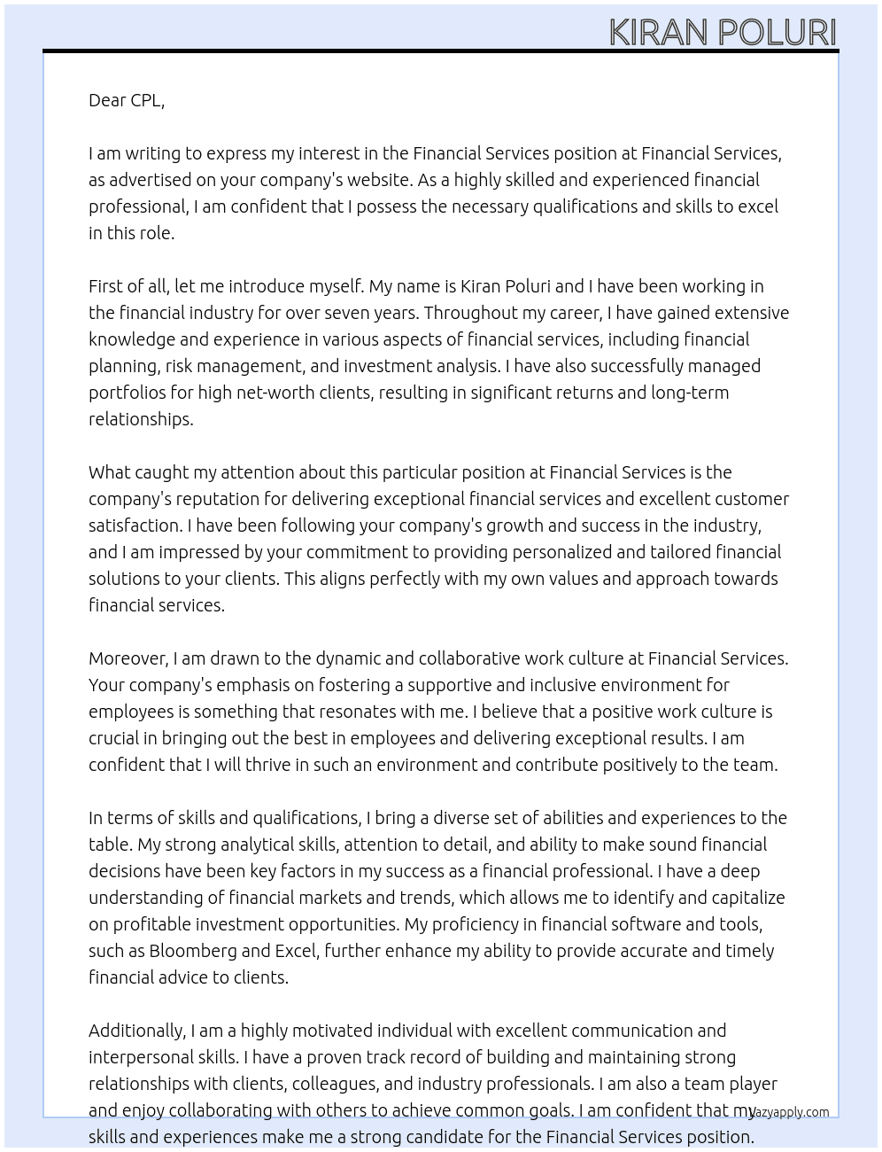 Financial Services At Financial Services  Cover Letter