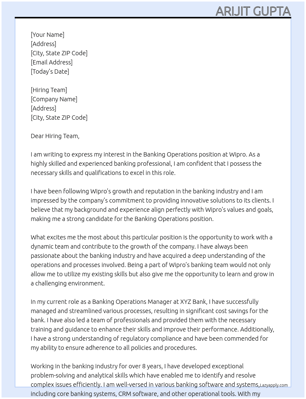 Banking Operations At Wipro Cover Letter
