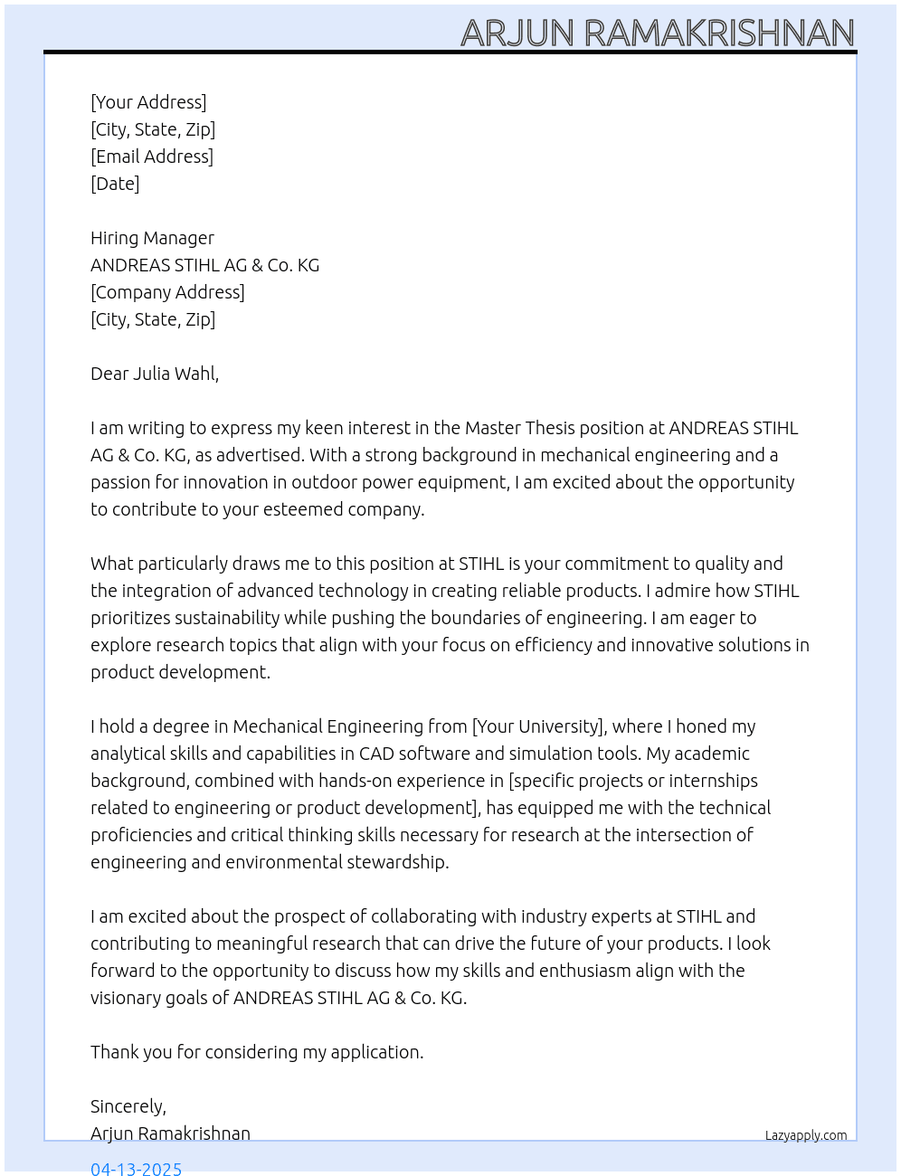 master thesis At ANDREAS STIHL AG & Co. KG Cover Letter