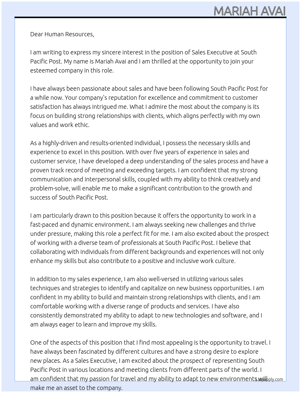 Sales Executive At South Pacific Post Cover Letter