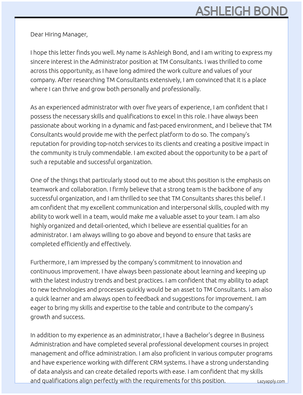 Administrator At TM Consultants Cover Letter