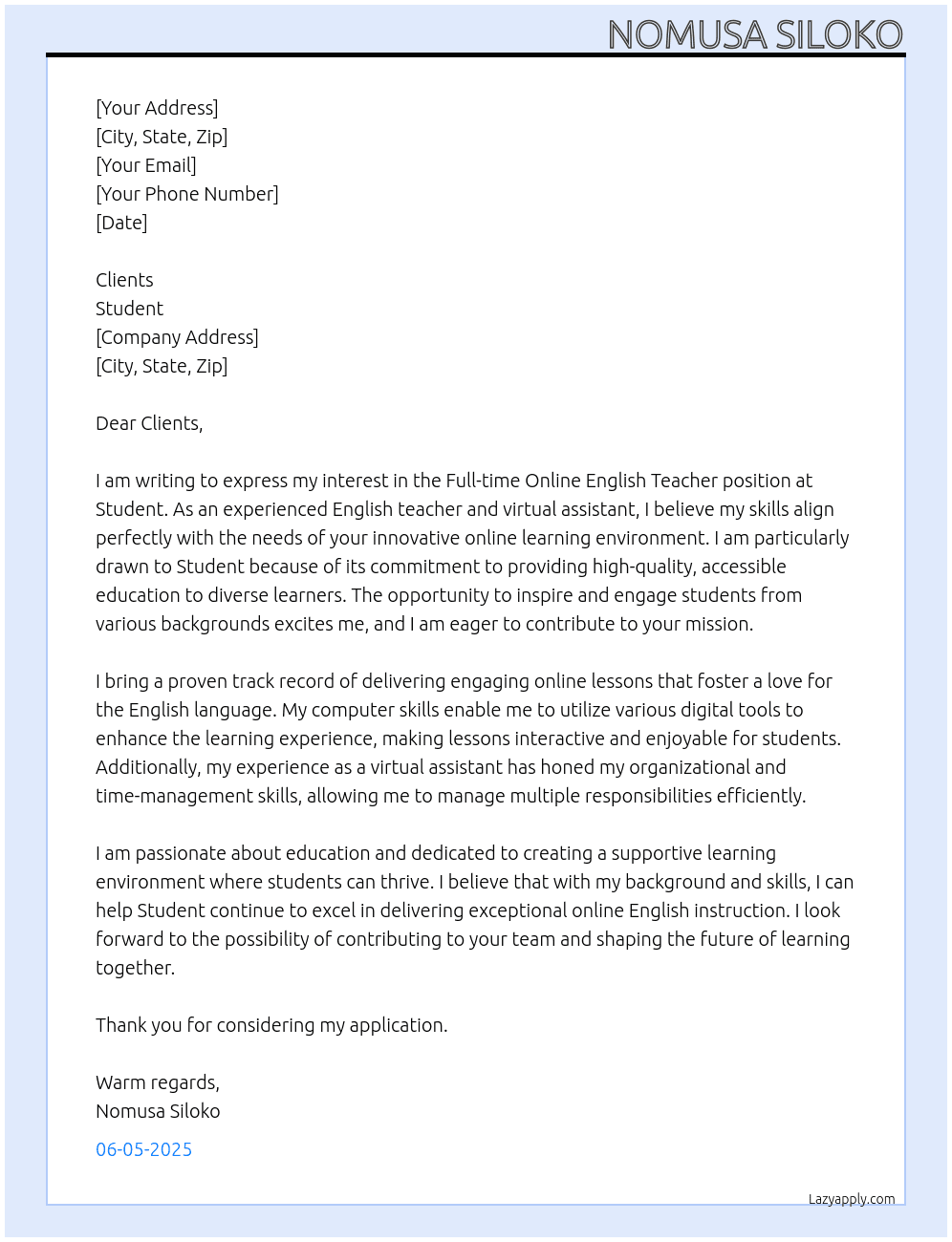 Online English Teacher  At Student  Cover Letter