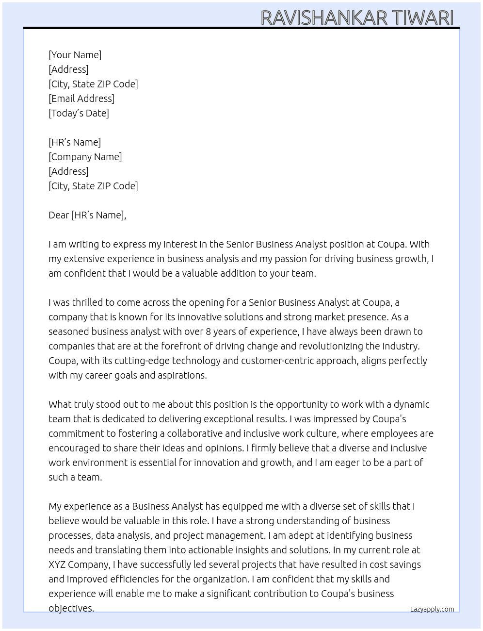 Senior Business Analyst  At Coupa Cover Letter
