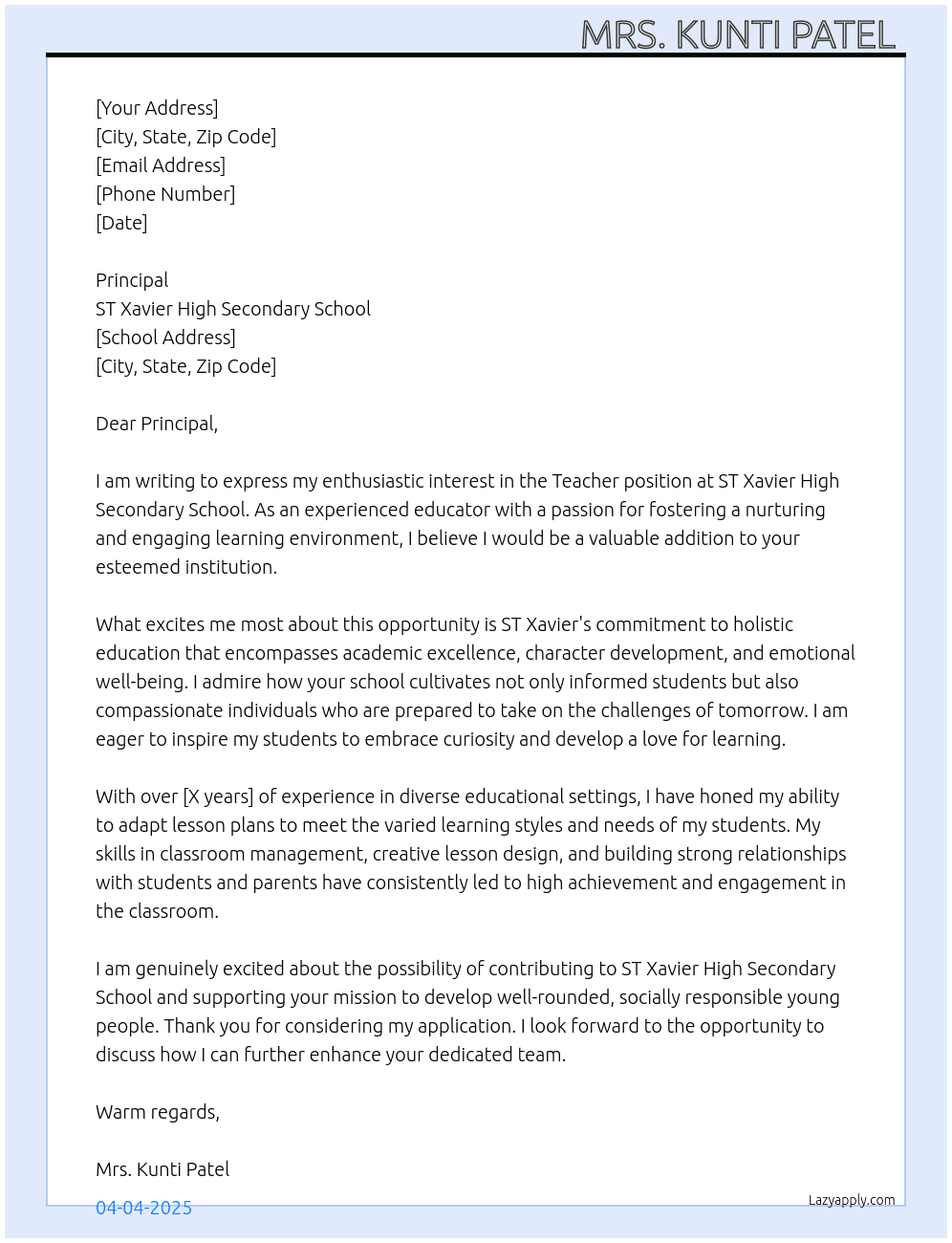 Teacher sheep  At ST Xavier High Secondary School  Cover Letter