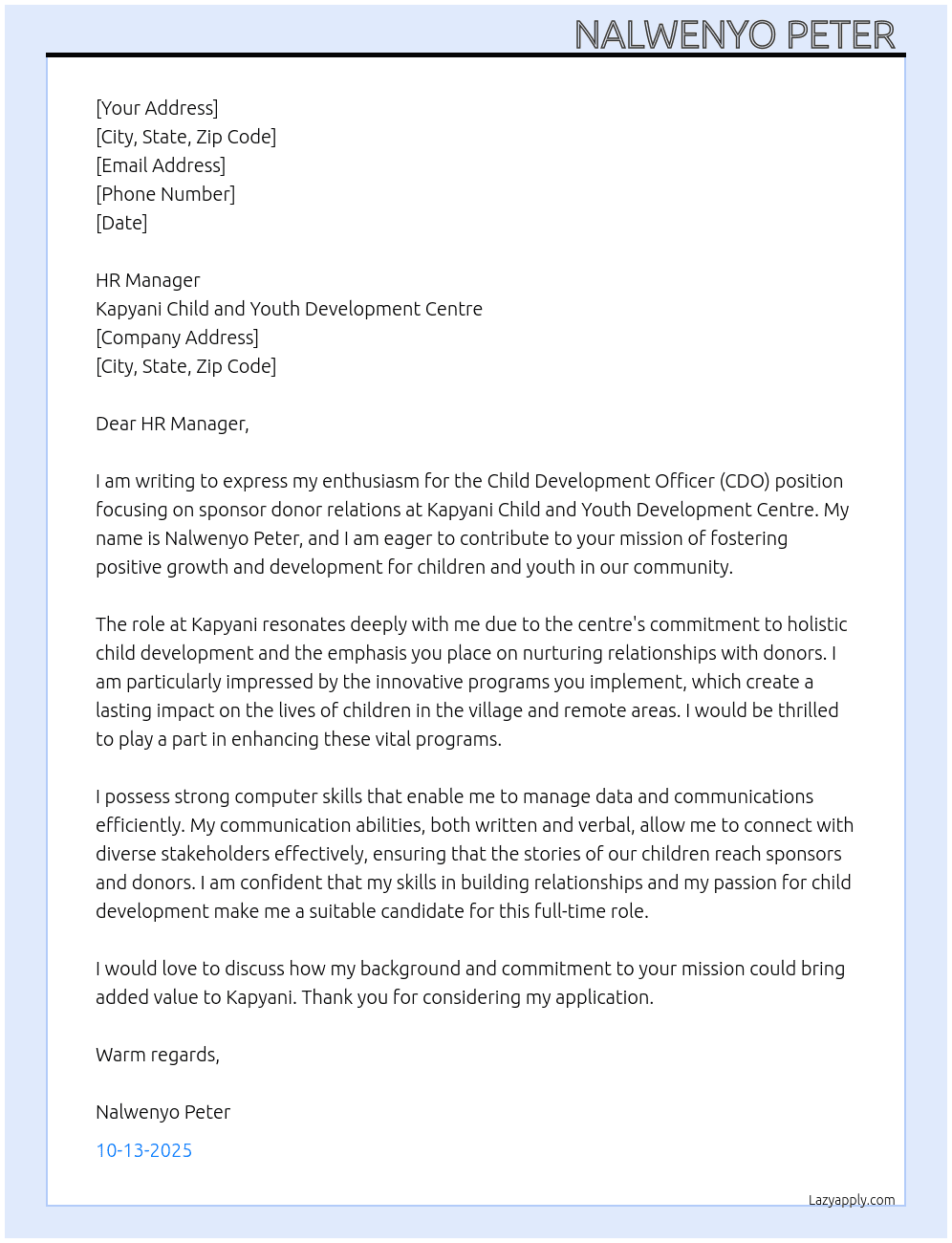 Child development officer (CDO) sponsor donor relations  At Kapyani child and youth development centre  Cover Letter