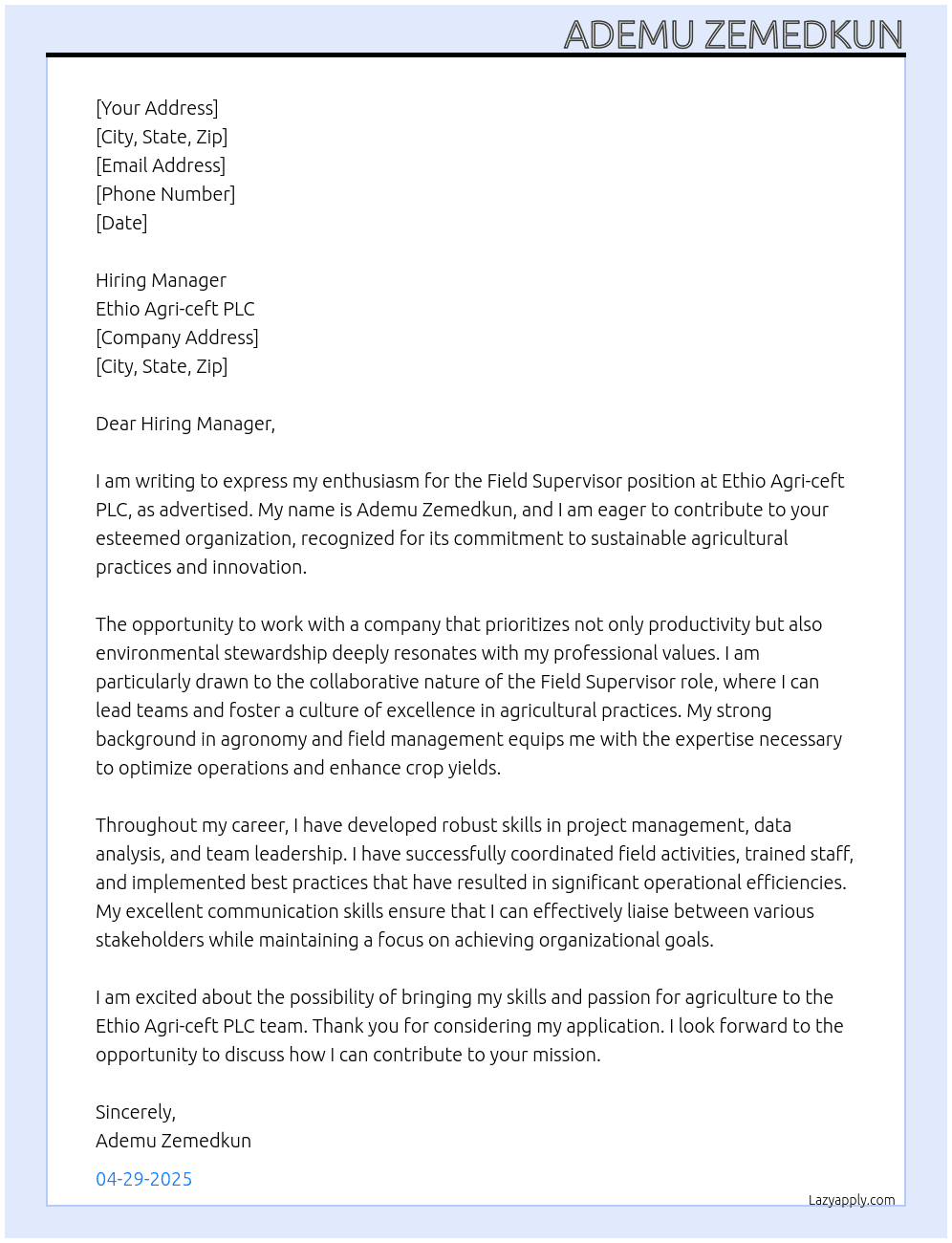 Field Supervisor At Ethio Agri-ceft PLC Cover Letter