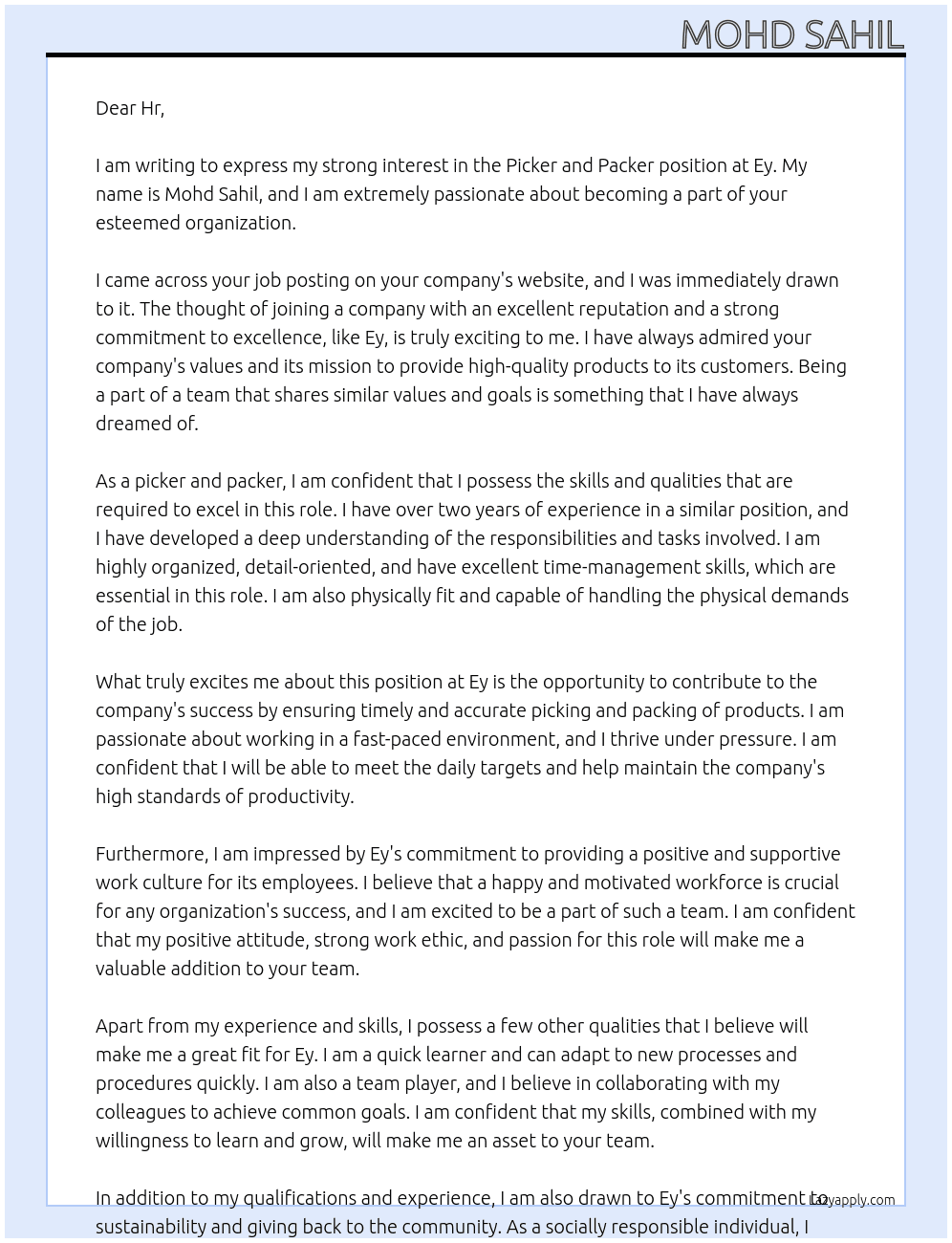 Picker and packer At Ey Cover Letter