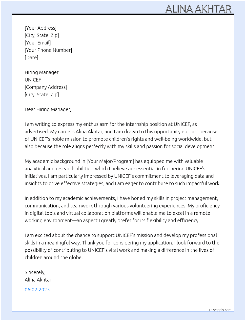 Internship  At Unicef  Cover Letter