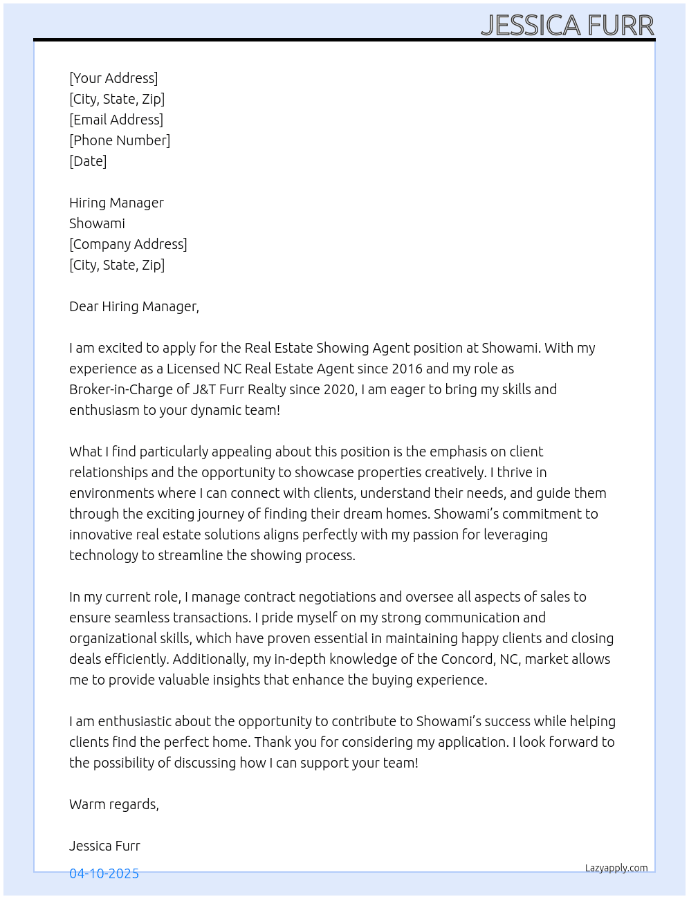 Real Estate Showing Agent At Showami Cover Letter