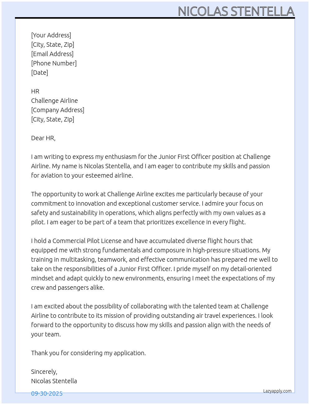 Cover letter for pilot junior first officer - LazyApply