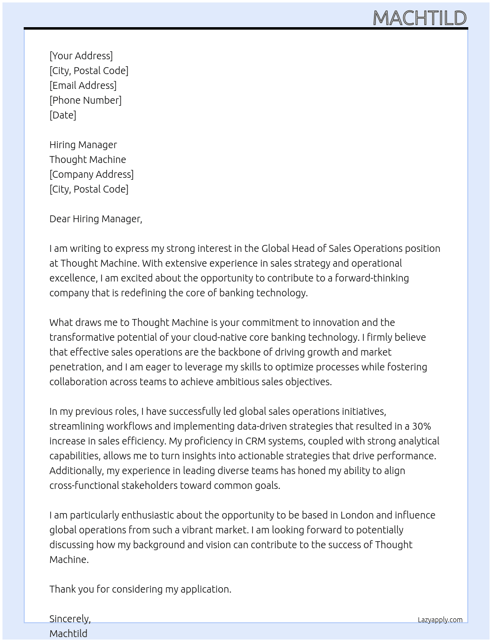 Global Head of Sales Operations At Thought Machine Cover Letter