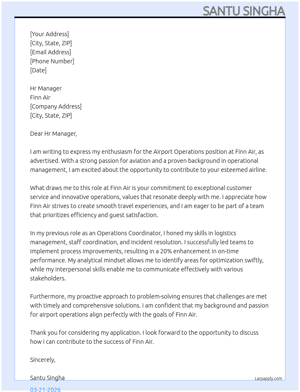 Airport  Operations At Finn Air Cover Letter