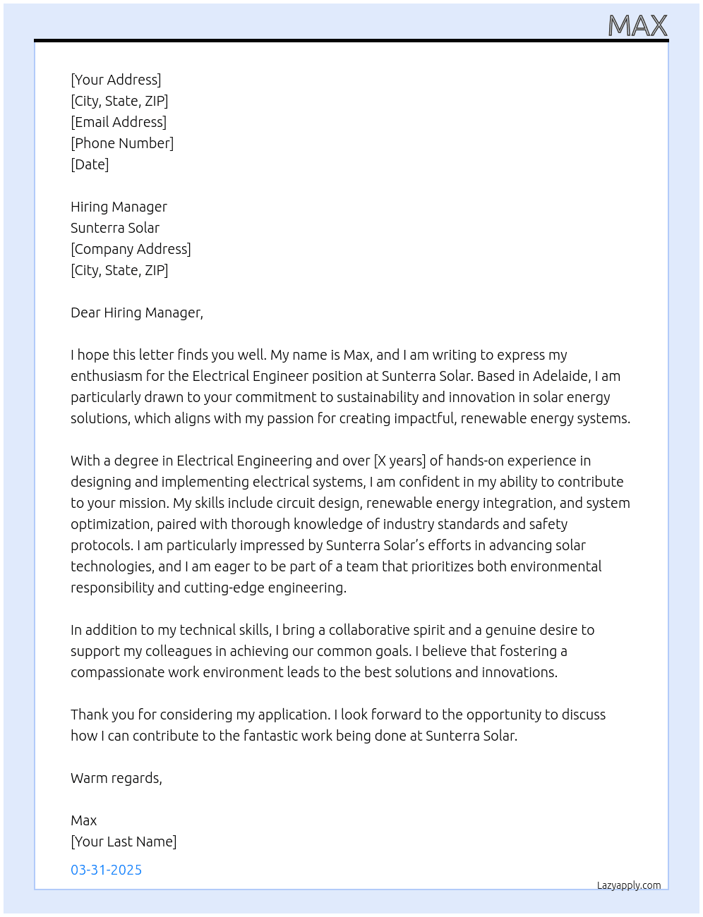 Electrical Engineer At Sunterra Solar Cover Letter