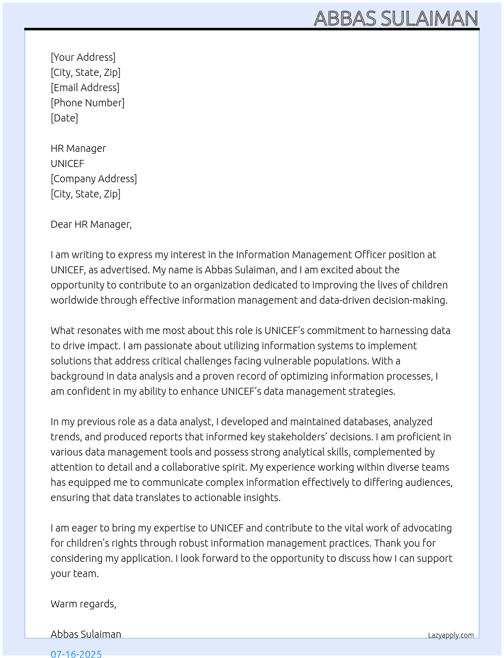 Cover letter for information management officer - LazyApply