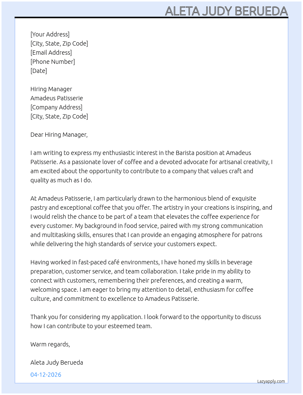 Barista At Amadeus Patisserie Cover Letter