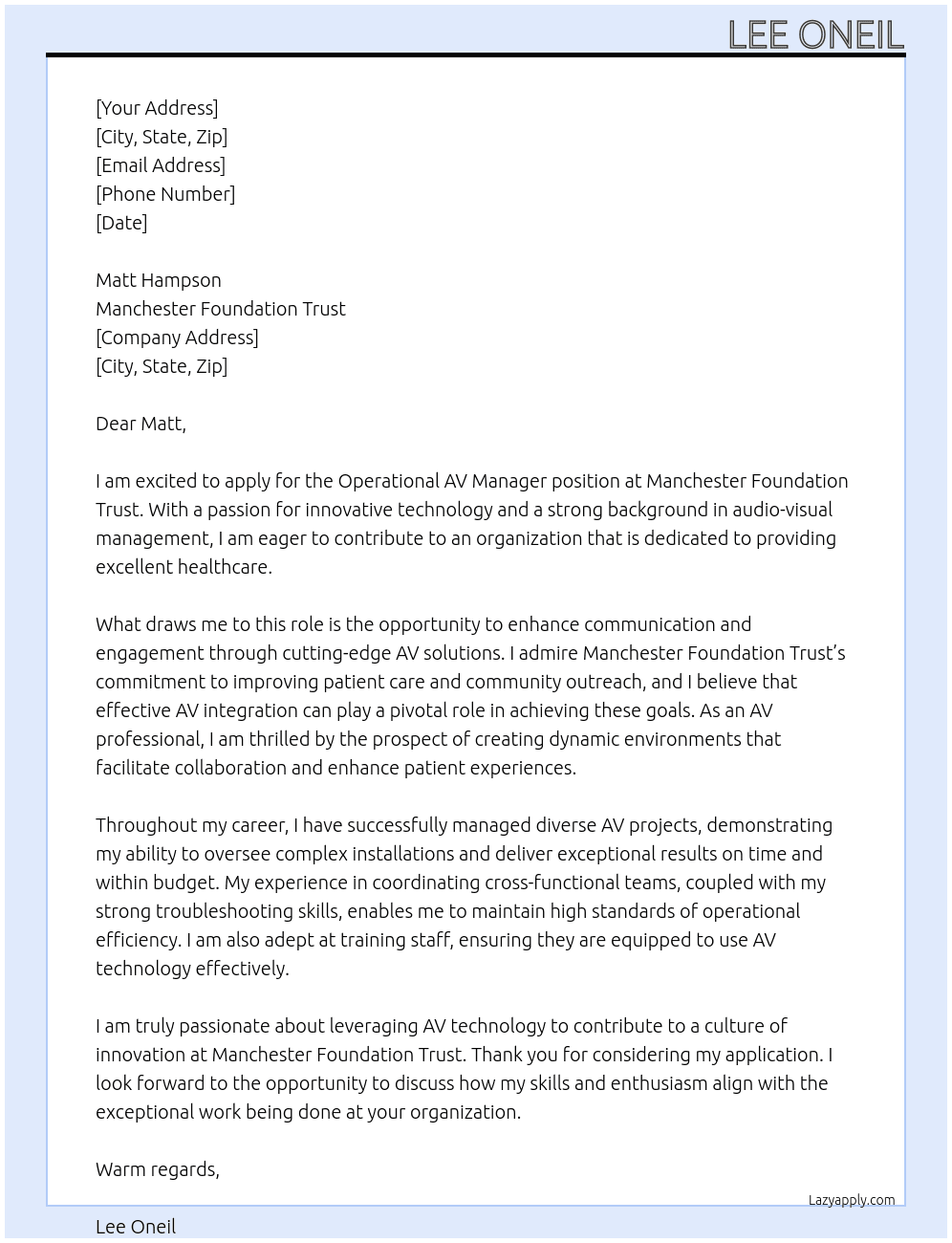 Cover letter for operational av manager - LazyApply