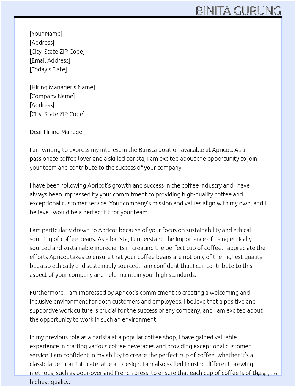 Barista At Apricot Cover Letter