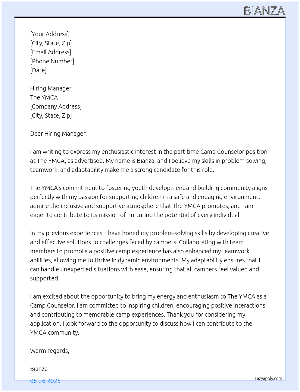 YMCA Camp counsler At The YMCA Cover Letter