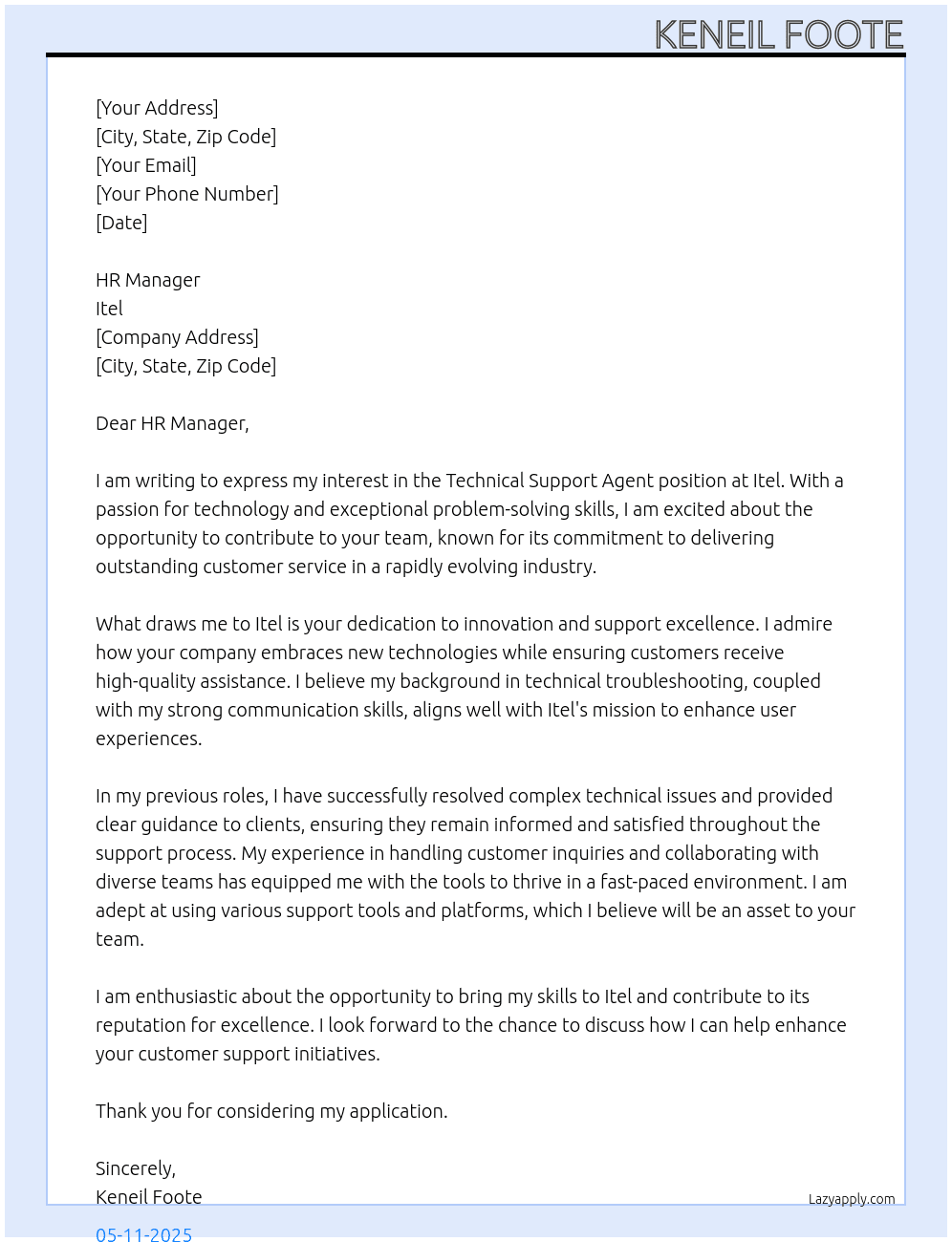 Technical support agent At Itel Cover Letter