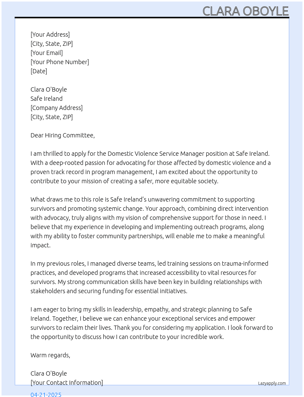 Domestic Violance Service Manager  At Safe ireland  Cover Letter