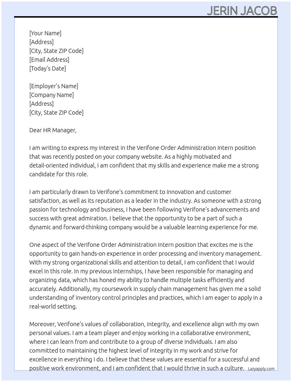 Verifone logo Order Administration - Intern At verifone Cover Letter