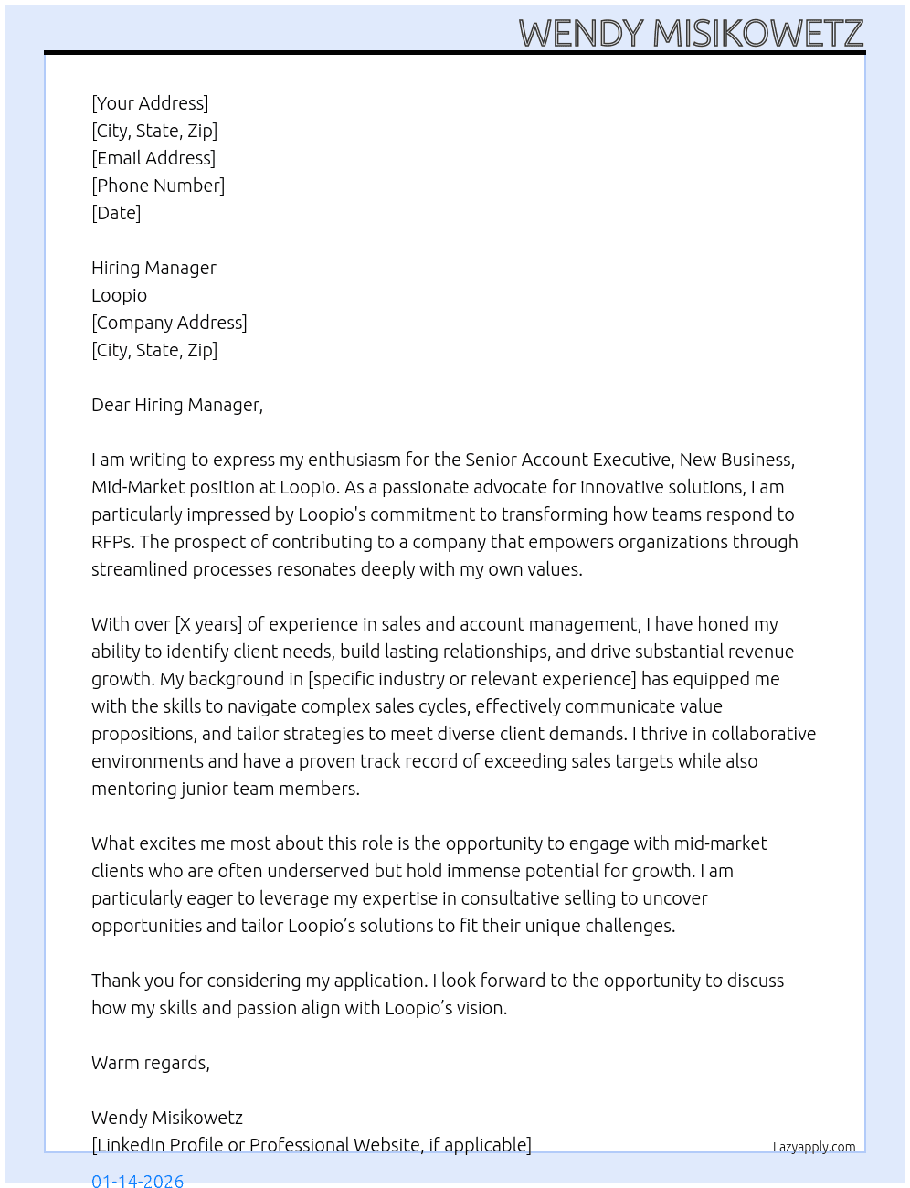 Senior Account Executive, New Business, Mid-Market At Loopio Cover Letter