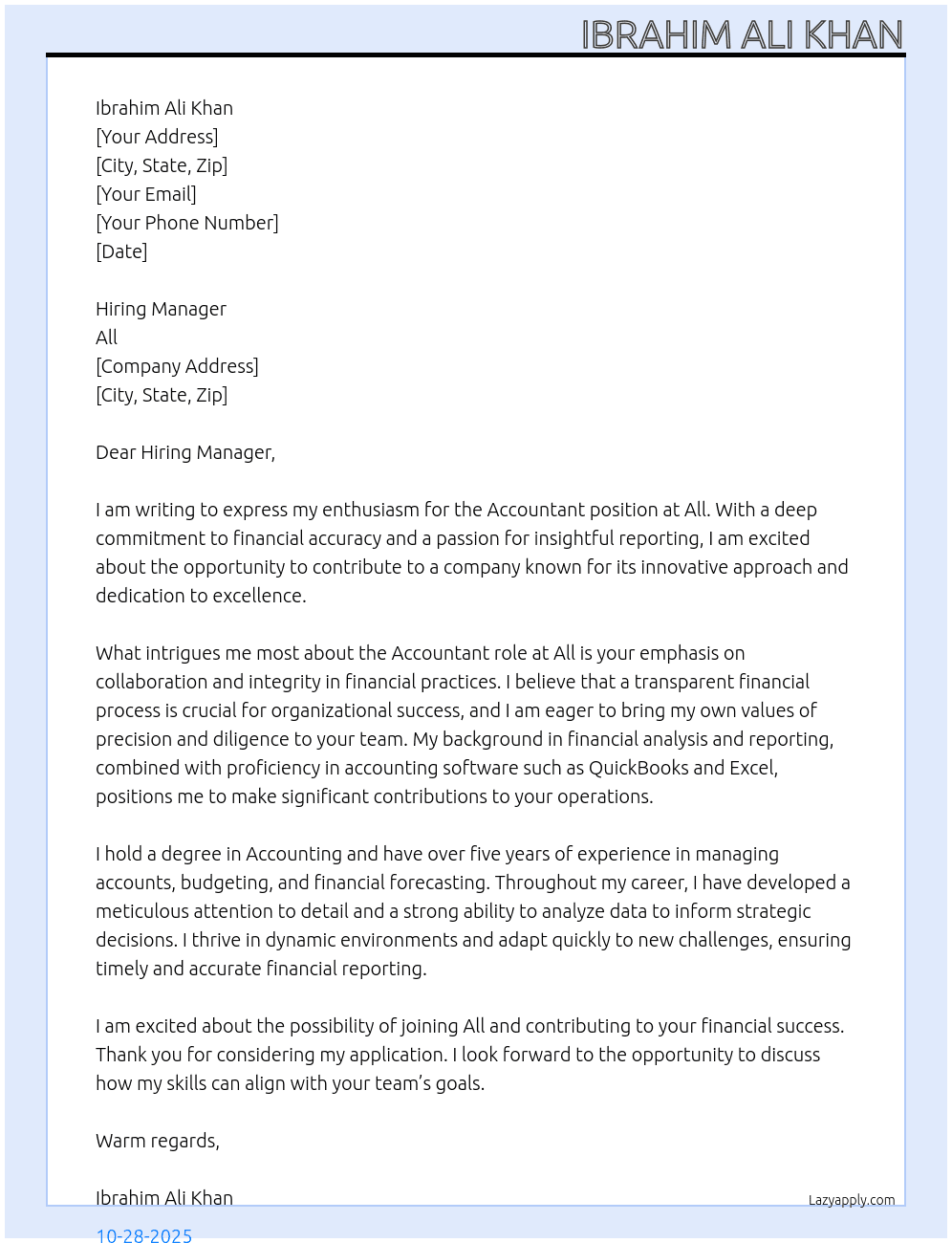ACCOUNTANT At All Cover Letter