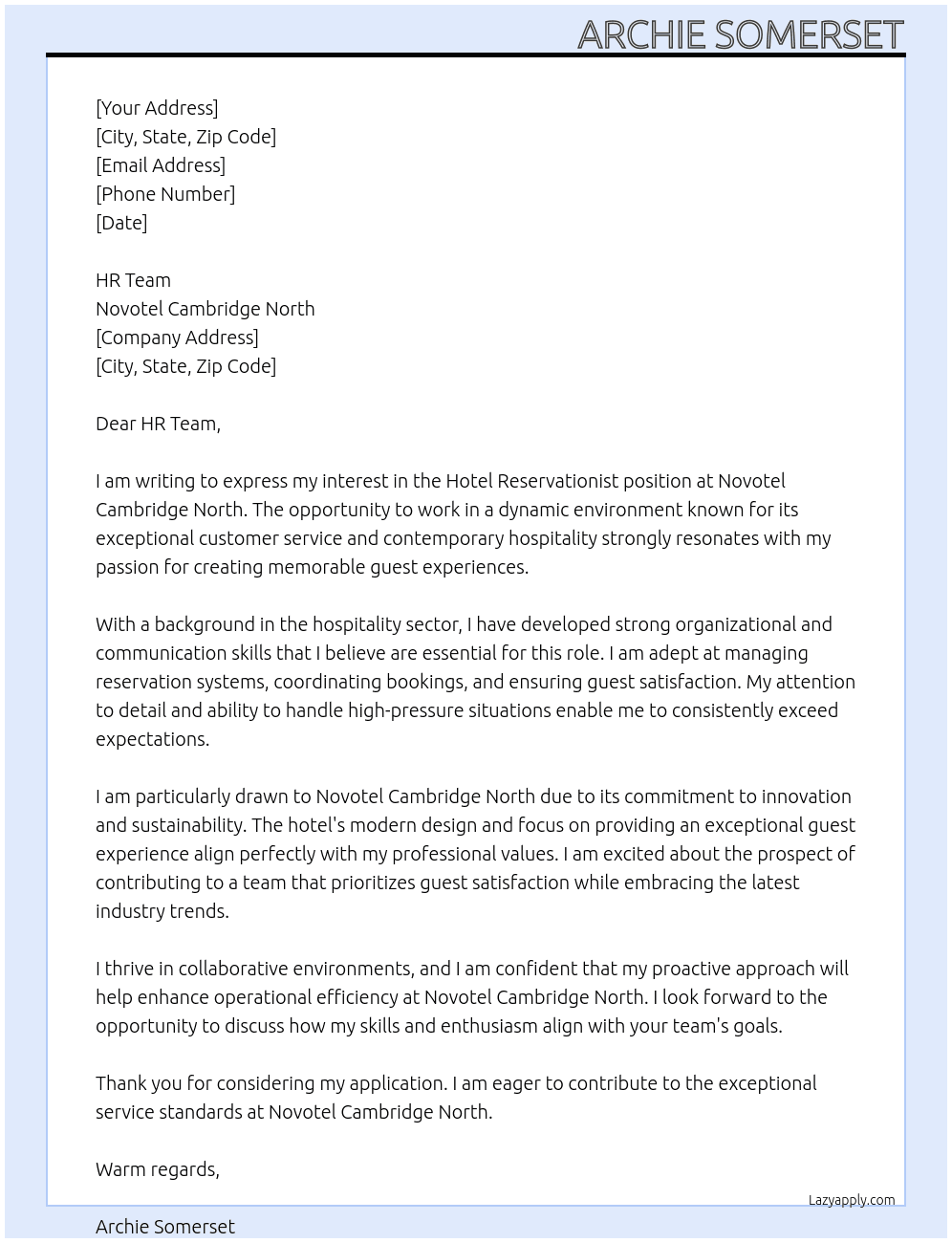 Hotel REeservationist At Novotel Cambridge North Cover Letter