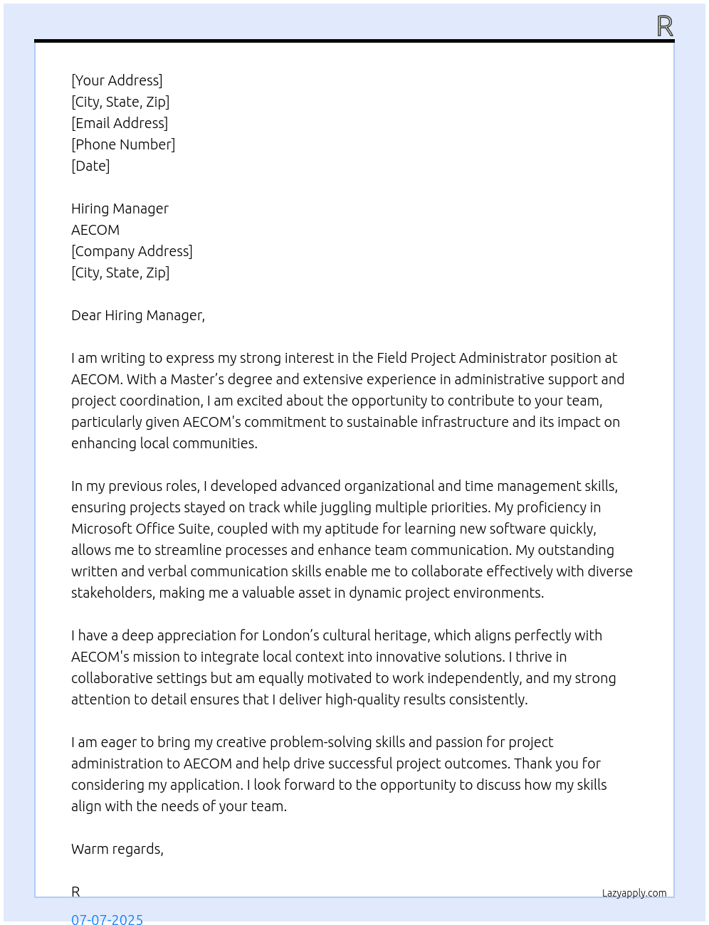 Cover letter for field project administrator - LazyApply