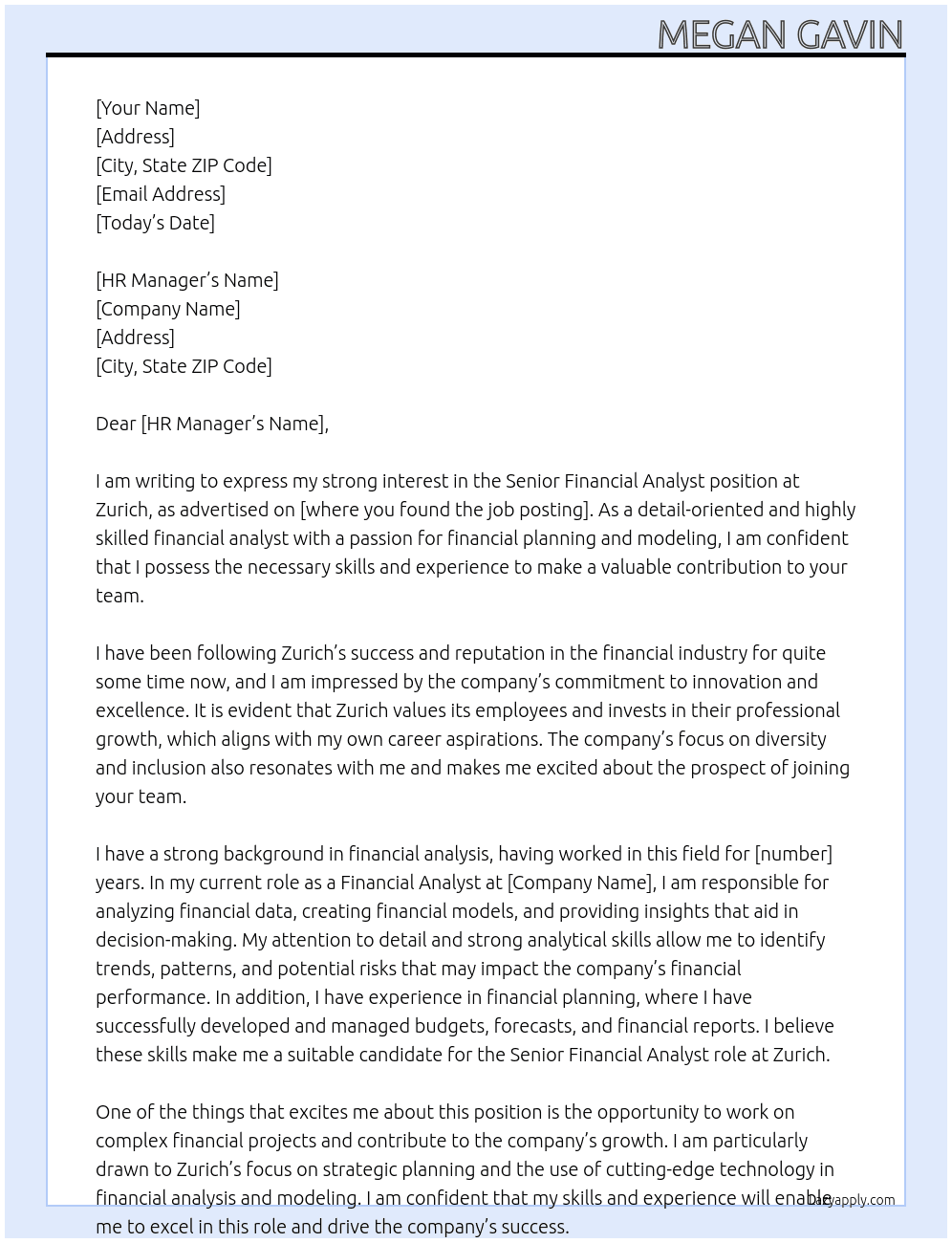 Senior Financial Analyst At Zurich Cover Letter
