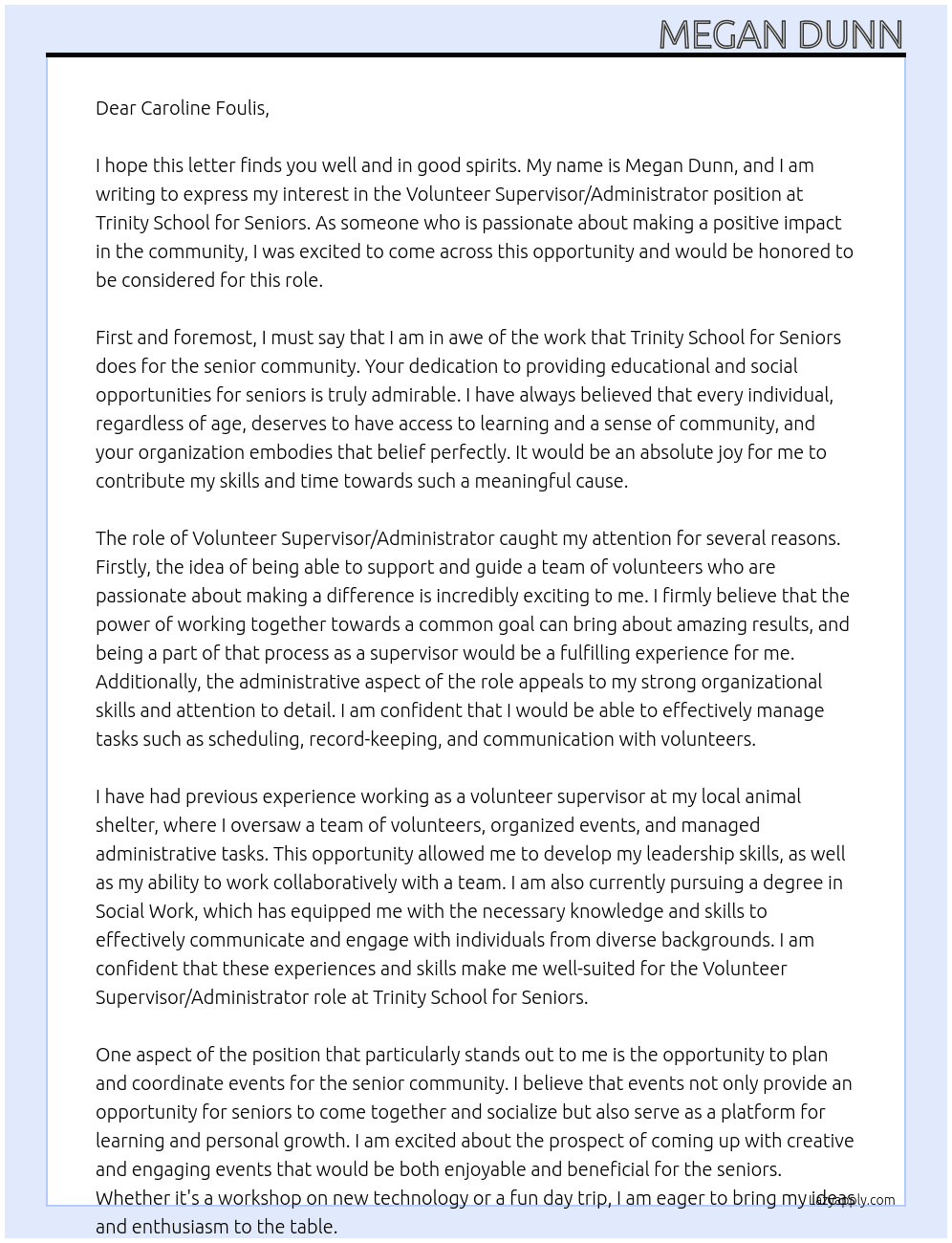 Volunteer Supervisor/ Administrator At Trinity School for Seniors Cover Letter