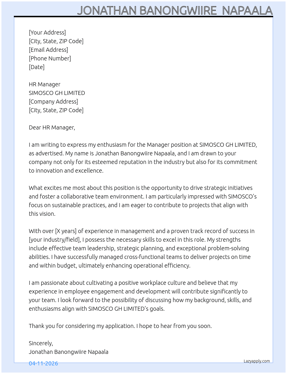 manager At SIMOSCO GH LIMITED Cover Letter