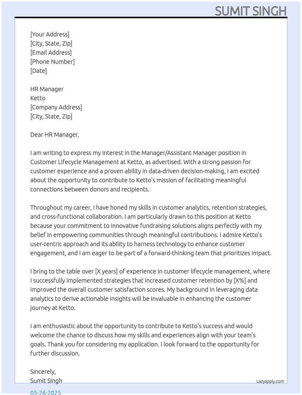 Manager / Assistant Manager : Customer Lifecycle Management At Ketto  Cover Letter