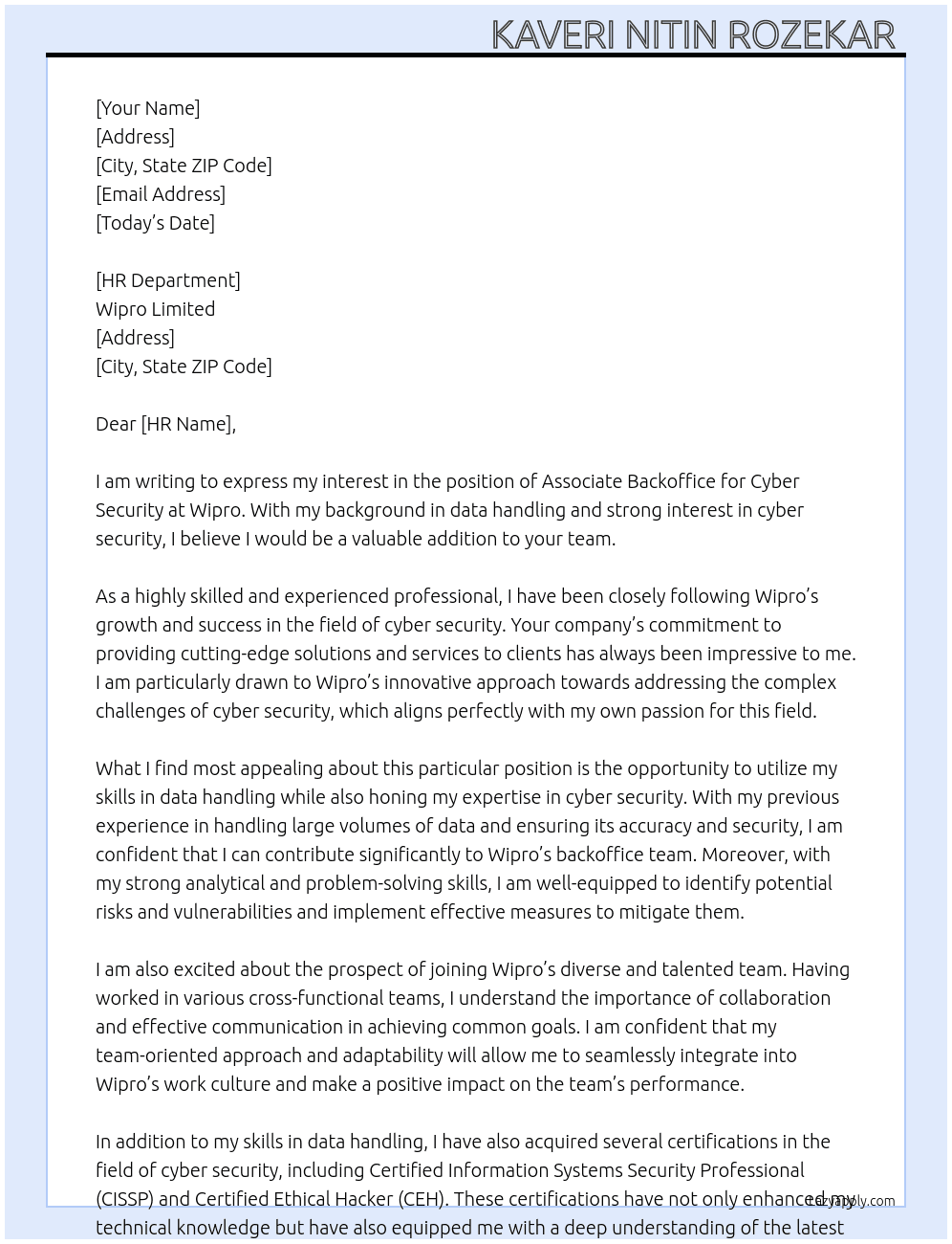 Cover letter for associate backoffice , cyber security - LazyApply