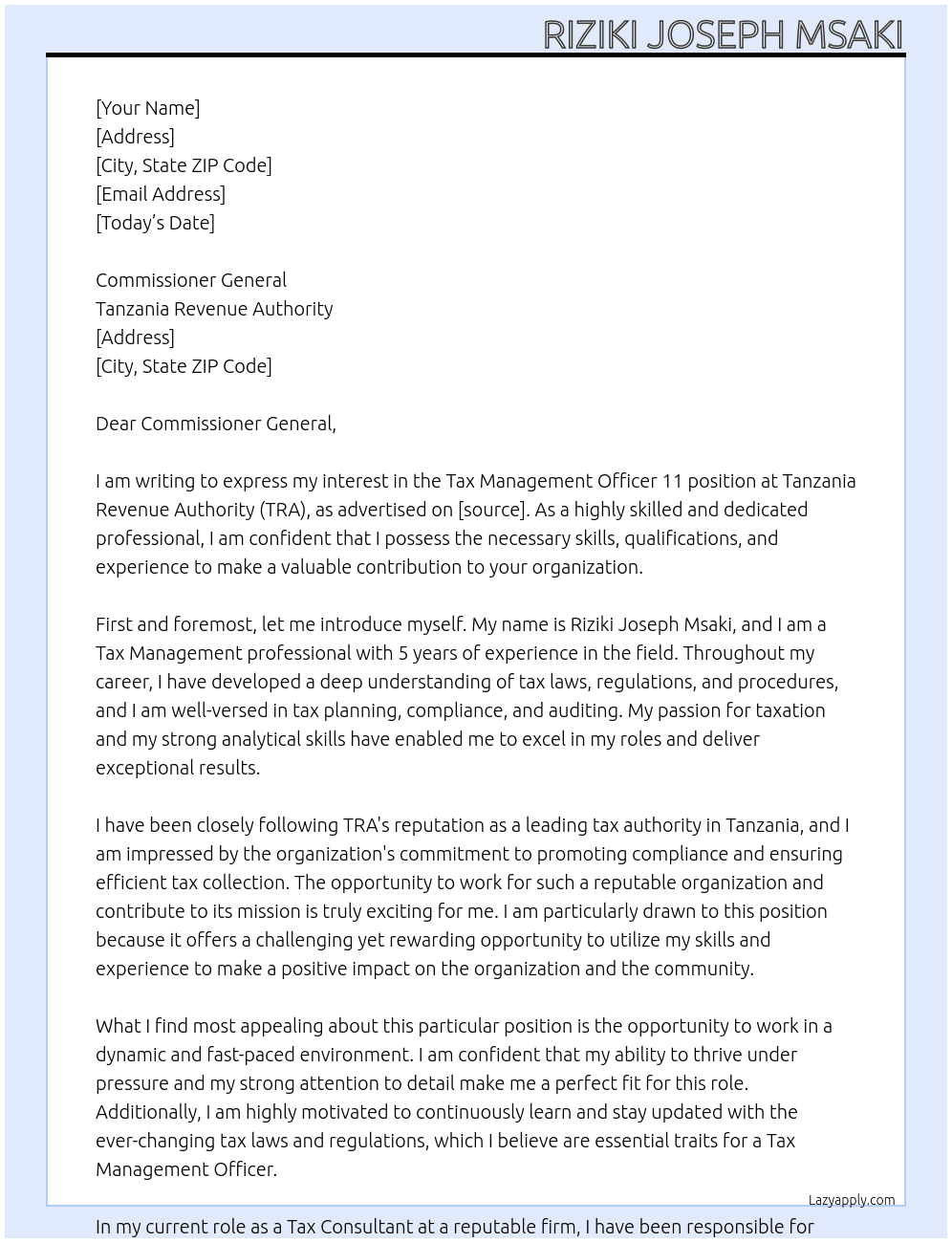 tax management officer 11 At TANZANIA REVENUE AUTHORITY Cover Letter