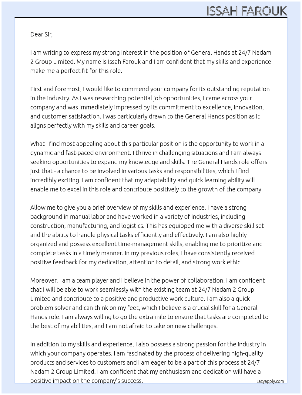 General Hands At 24/7 Nadam 2 Group Limited Cover Letter